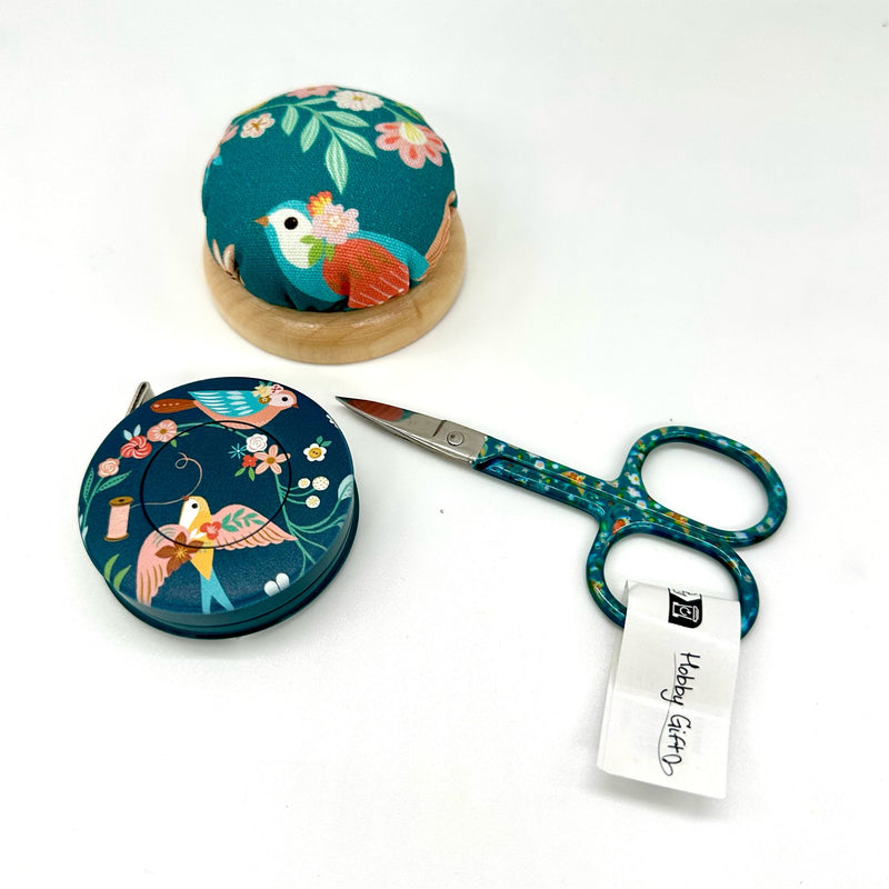 PERFECT GIFT: Hobby Gift Set (Embroidery Scissors, Pincushion + Tape Measure) with Scissor Sleeve: BIRD AVIARY Option