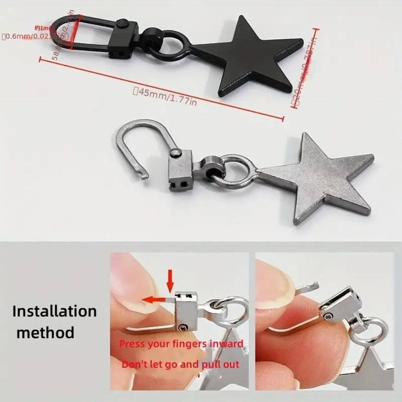 HARDWARE: Clip-On Zip Pull Charms: Star shape: Set of 5 (assorted colours)