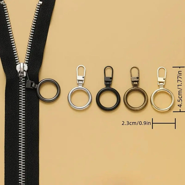HARDWARE: Clip-On Zip Pull Charms: Ring shape: Set of 5 (assorted colours)