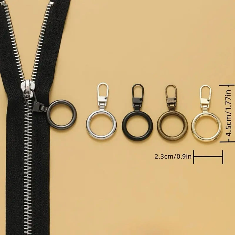 HARDWARE: Clip-On Zip Pull Charms: Ring shape: Set of 5 (assorted colours)