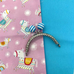 FABRIC KIT inc HARDWARE: 8.5cm Stripe Bobble Top Kiss Clasp Purse Frame + FQ Dena Designs| Happi Horses 'Horse Toss' Pink + FQ Sky