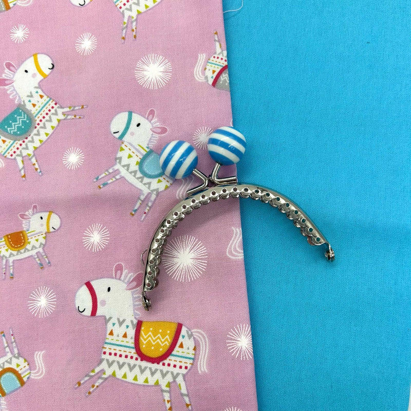 FABRIC KIT inc HARDWARE: 8.5cm Stripe Bobble Top Kiss Clasp Purse Frame + FQ Dena Designs| Happi Horses 'Horse Toss' Pink + FQ Sky