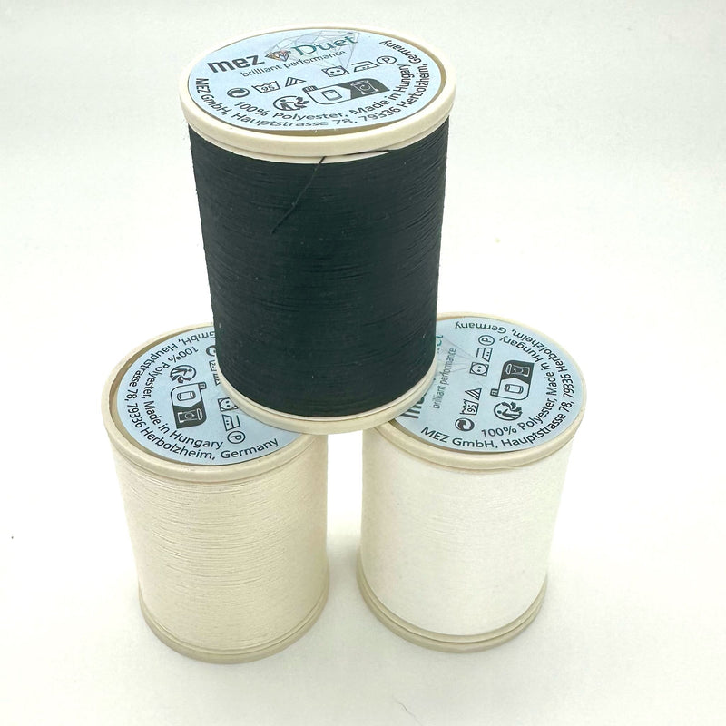 PERFECT PAIRING: Coats Mez Duet 100% POLYESTER THREAD Bundle: 3 x 1000m: Shades 1000, 1033, 9507