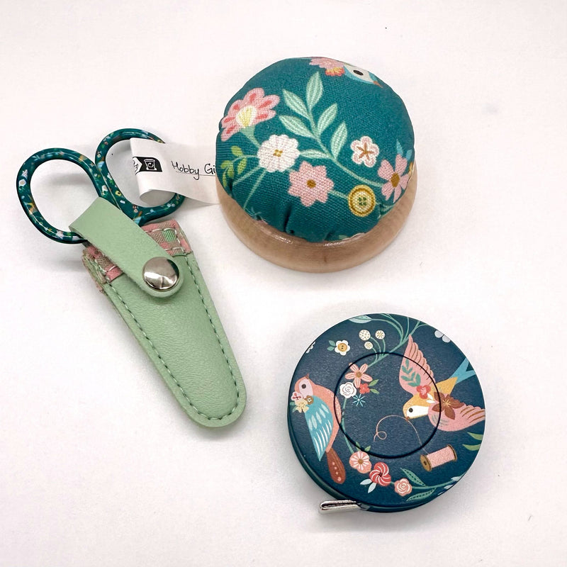 PERFECT GIFT: Hobby Gift Set (Embroidery Scissors, Pincushion + Tape Measure) with Scissor Sleeve: BIRD AVIARY Option
