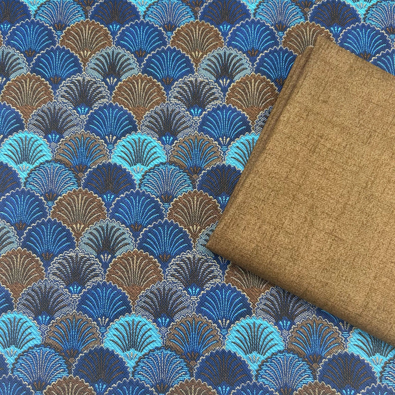 FABRIC DUO: 38cm x 30cm Blue Fan PU + FQ Renee Nanneman for Andover Fabrics 'Cottage Cloth II' 2/428 in N3 Hazelnut