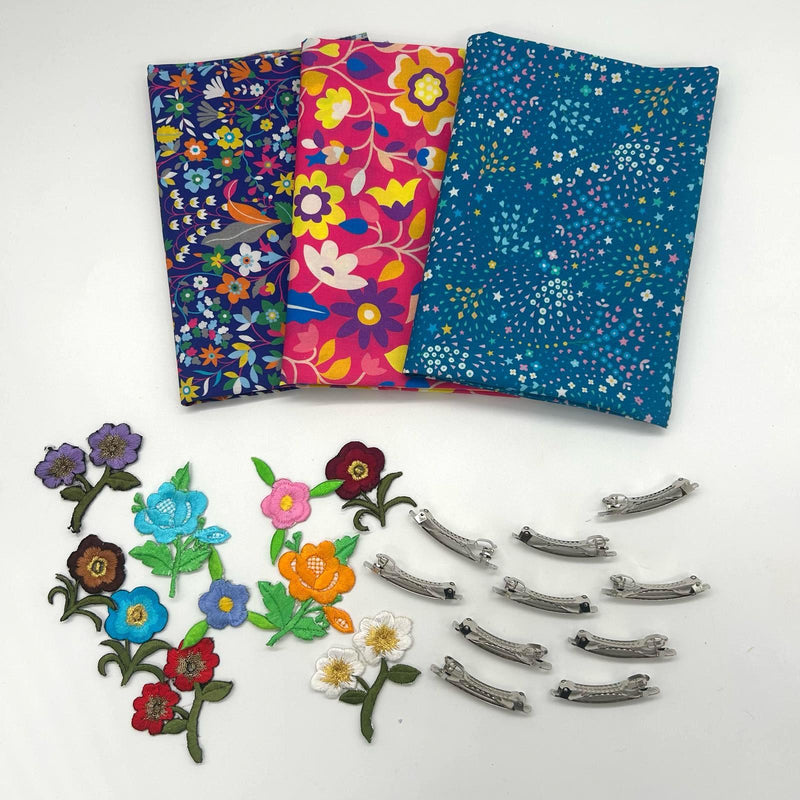 FQ TRIO + 10 Spring Hair Clips + 10 Iron-On Embroidered Flowers: Dashwood Studio 'Kaleidoscope Ace Lawn': Option A