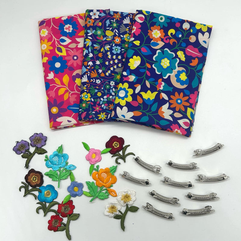 FQ TRIO + 10 Spring Hair Clips + 10 Iron-On Embroidered Flowers: Dashwood Studio 'Kaleidoscope Ace Lawn': Option B