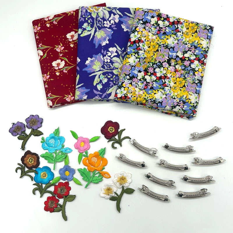 FQ TRIO + 10 Spring Hair Clips + 10 Iron-On Embroidered Flowers: Bari J for Art Gallery Fabrics 'Charlotte': Option C