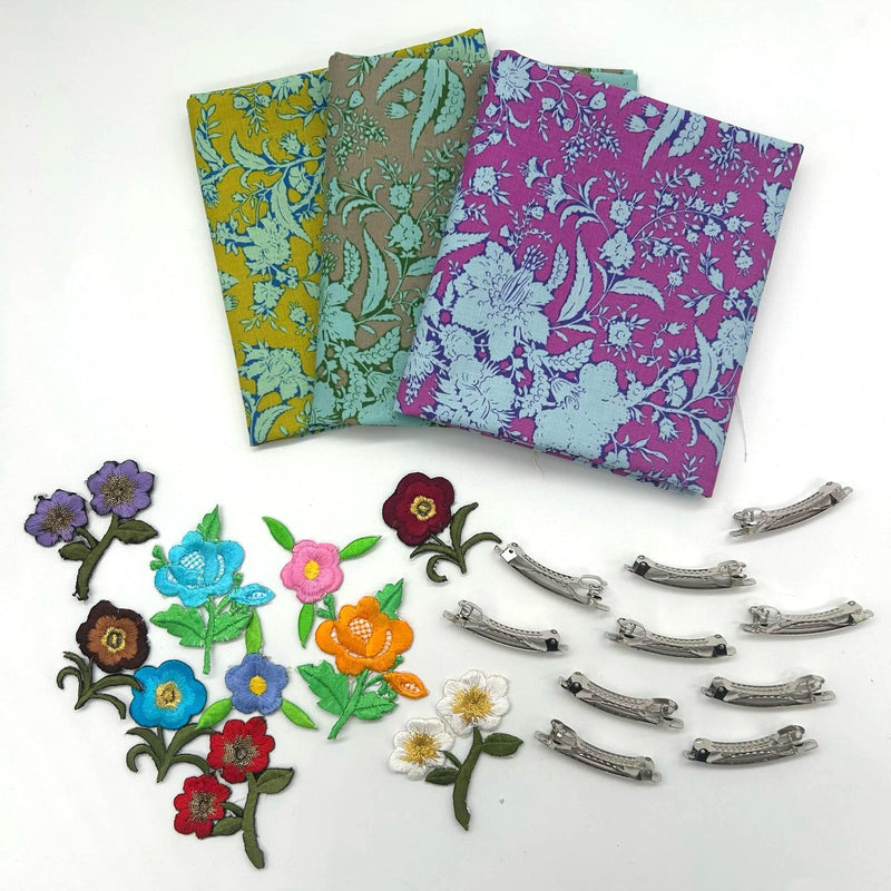 FQ TRIO + 10 Spring Hair Clips + 10 Iron-On Embroidered Flowers: Tilda 'Abloom': Option D