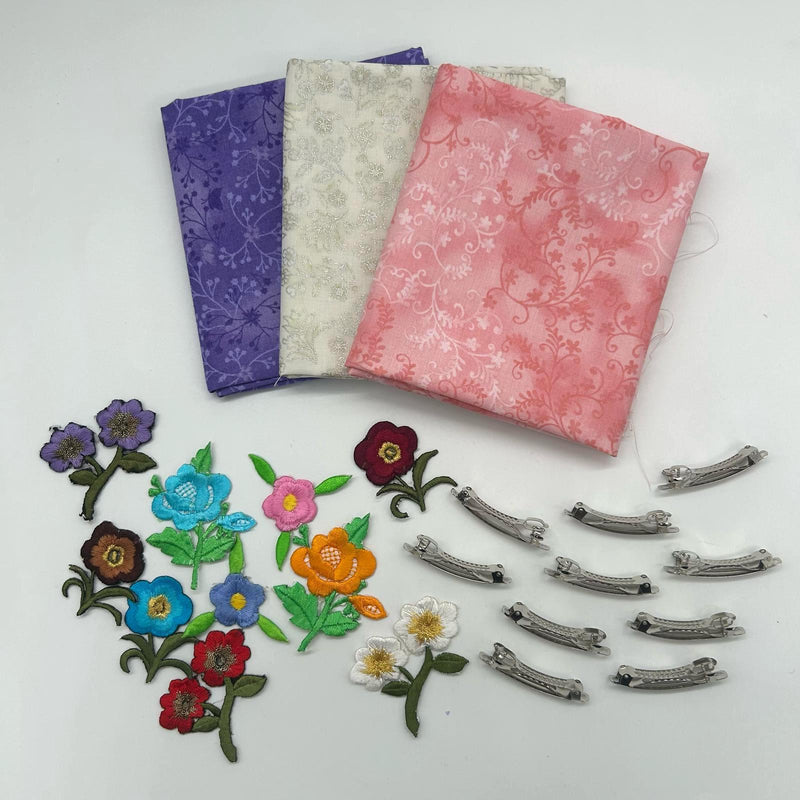 FQ TRIO + 10 Spring Hair Clips + 10 Iron-On Embroidered Flowers: 'Flutter' Blender + Leesa Chandler 'Small Floral': Option F