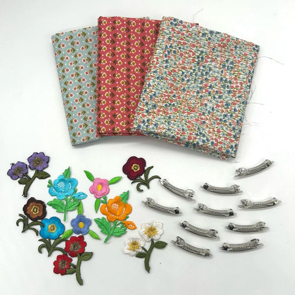 FQ TRIO + 10 Spring Hair Clips + 10 Iron-On Embroidered Flowers: Liberty 'Botanist's Walk': Option E