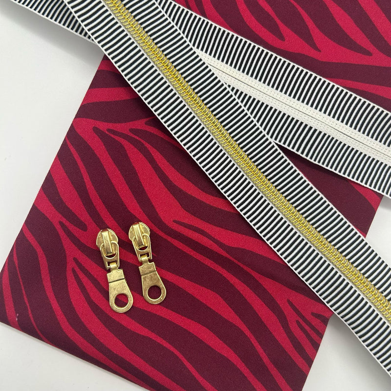 PERFECT PAIRING: ½m Maria Galybina for Cloud9 Fabrics | Zebras 'Zebra Stripes' Red + 1m Stripe/GOLD Zip (inc 2 Pulls)
