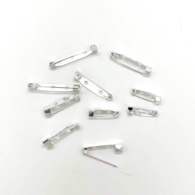 HARDWARE: Brooch Backs (10 pieces) in assorted sizes: BRIGHT SILVER colour