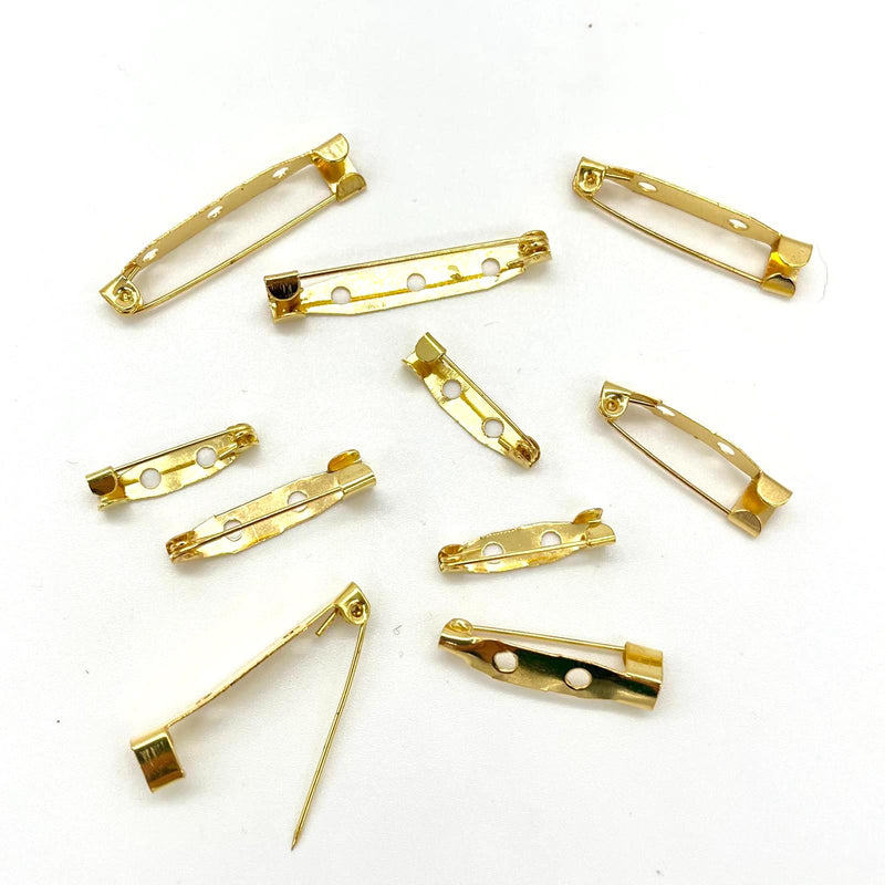 HARDWARE: Brooch Backs (10 pieces) in assorted sizes: GOLD colour