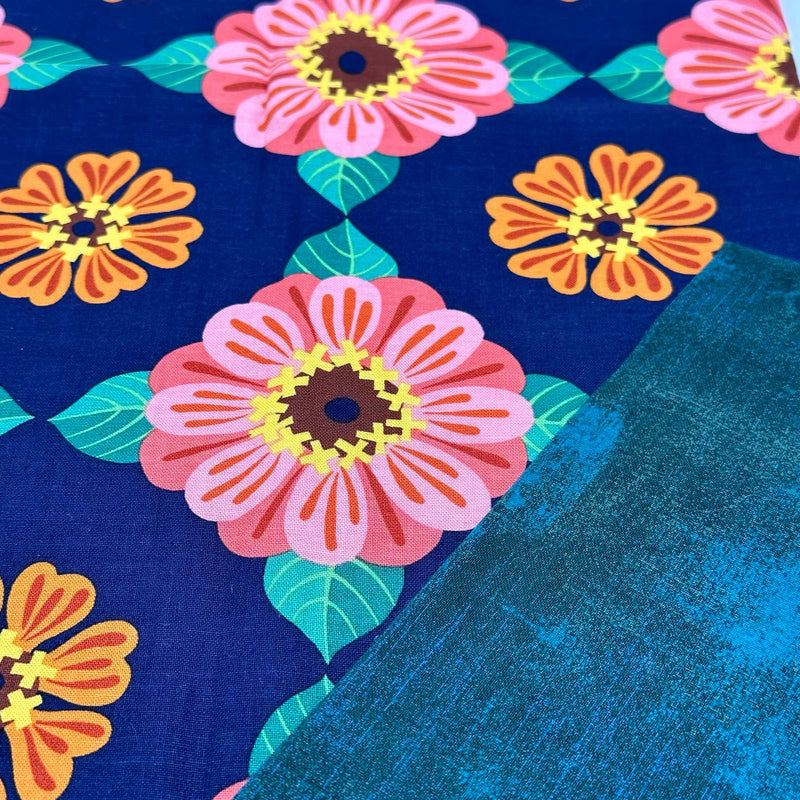 PERFECT PAIRING: Half Metre Duo Jane Sassaman | Flower Dance 'Zinnia' Multi + Moda 'Grunge' Everglade