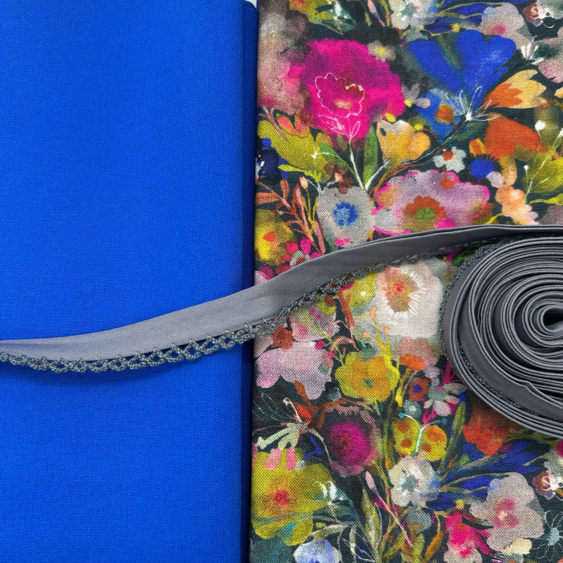 SPECIAL BUY: 1/2m Duo + 5m Crochet Bias Binding: Carolyn Gavin 'Delphiniums' Multi Option