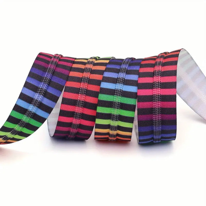 ZIP SPECIAL BUY: Precut 1 METRE Zipper Tape + 2 Zip Pulls: SIZE 5: Rainbow/Black Stripe with Gold colour pulls