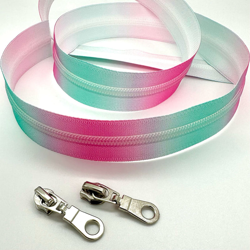 ZIP BUNDLE: 1 METRE Size 5 PINK / AQUA Ombré Zipper Tape + 2 Silver Colour Circle Cutout Pulls