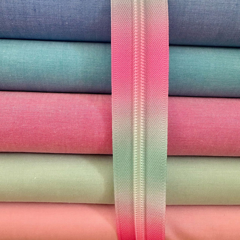 ZIP BUNDLE: 1 METRE Size 5 PINK / AQUA Ombré Zipper Tape + 2 Silver Colour Circle Cutout Pulls