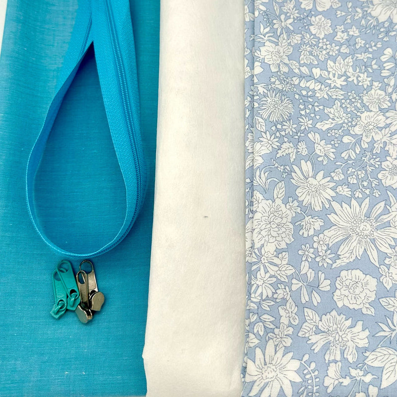 FABRIC + ZIP KIT: Sit Up Chambray Pouch: Yarn Dyed Cotton Chambray in Turquoise + Liberty 'Emily Blossom' Pale Sky option