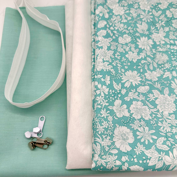 FABRIC + ZIP KIT: Sit Up Chambray Pouch: Yarn Dyed Cotton Chambray in Mint + Liberty 'Emily Blossom' Mermaid option