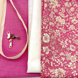 FABRIC + ZIP KIT: Sit Up Chambray Pouch: Yarn Dyed Cotton Chambray in Fuchsia + Liberty 'Emily Blossom' Vintage Pink option