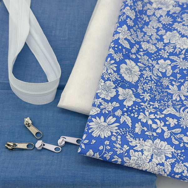 FABRIC + ZIP KIT: Sit Up Chambray Pouch: Yarn Dyed Cotton Chambray in Royal + Liberty 'Emily Blossom' Marine Blue option