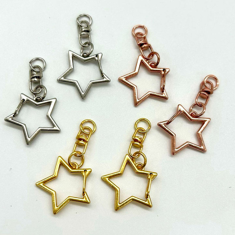 HARDWARE: SIX Star-Shaped Spring Clips with Jump Ring Attachment: Gold, Rose Gold and Nickel Silver colour