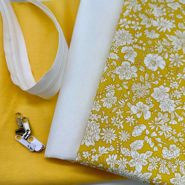 FABRIC + ZIP KIT: Sit Up Chambray Pouch: Yarn Dyed Cotton Chambray in Yellow + Liberty 'Emily Blossom' Sunshine Yellow option