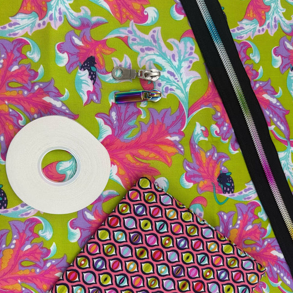 FRIDAY DEAL with FREE Quilters' Tape: 2 x FQ Tula Pink | Tabby Road Deja Vu ('Eek' Electroberry + 'Cats Eyes' Prism) + ½m zipper tape + 2 zip pulls