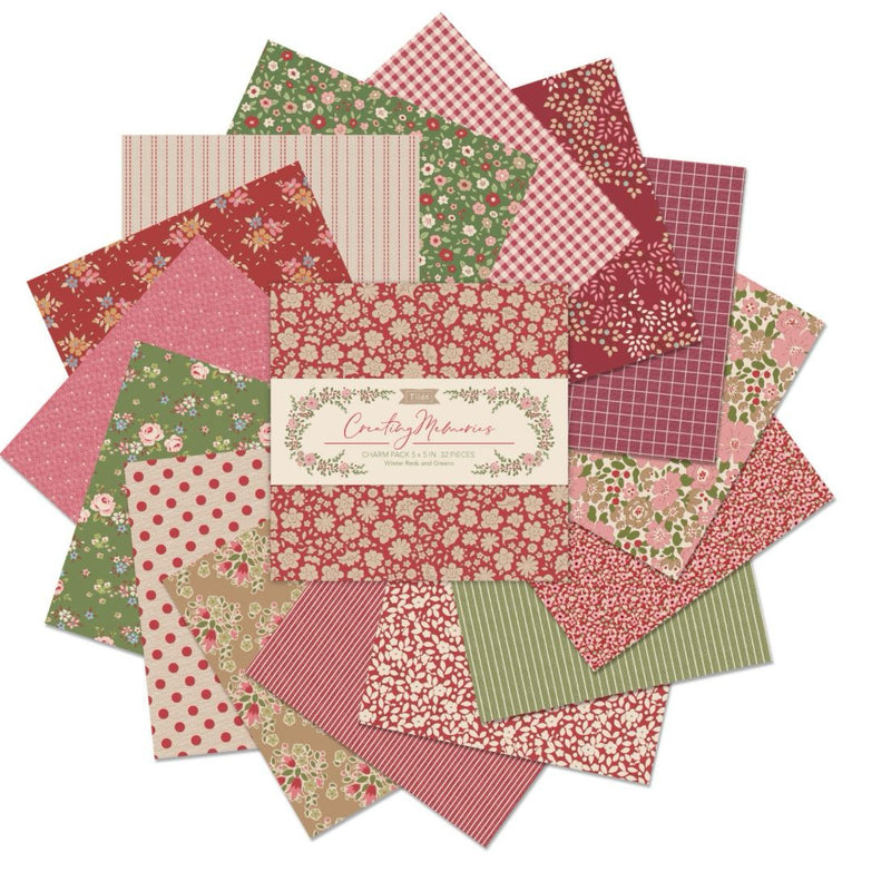 Tilda | Creating Memories 5" / 12.5cm Charm Pack (32pcs) + FREE 1/2m Natural Seeded: 300213 WINTER Reds and Greens