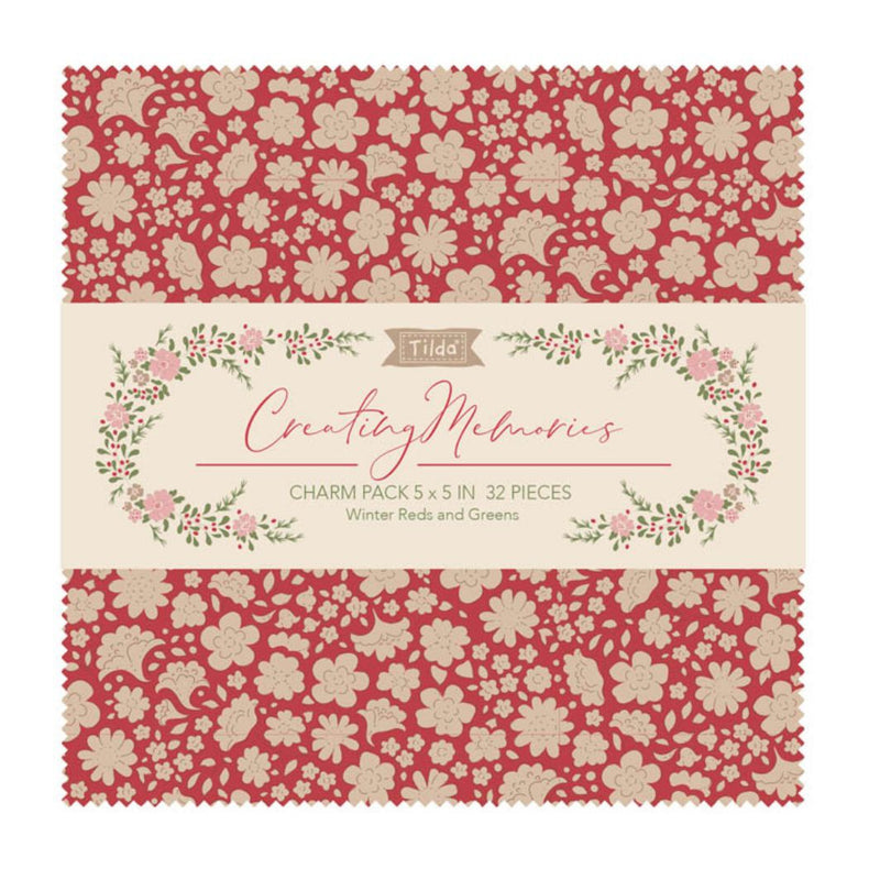 Tilda | Creating Memories 5" / 12.5cm Charm Pack (32pcs) + FREE 1/2m Natural Seeded: 300213 WINTER Reds and Greens