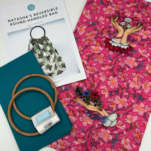 KIT with Instructions & Template: Natasha's Reversible Round-Handled Bag: Odile Bailloeul 'Say It With Flowers' Rose + Baltic