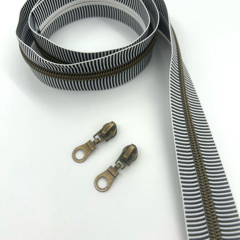 ZIP BUNDLE: PRECUT 1 METRE ZIPPER TAPE + 2 PULLS: Black/White Stripe with ANTIQUE teeth hardware