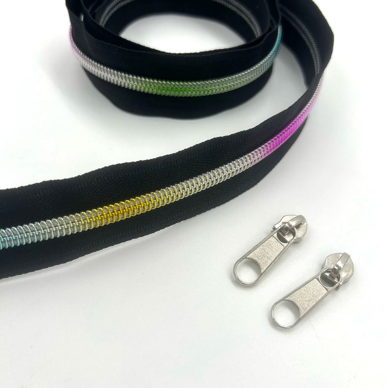 ZIP BUNDLE: 1 METRE Size 5 BLACK with RAINBOW TEETH Zipper Tape + 2 Nickel Silver Colour pulls