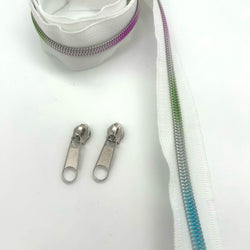 ZIP BUNDLE: 1 METRE Size 5 WHITE with RAINBOW TEETH Zipper Tape + 2 Nickel Silver Colour pulls