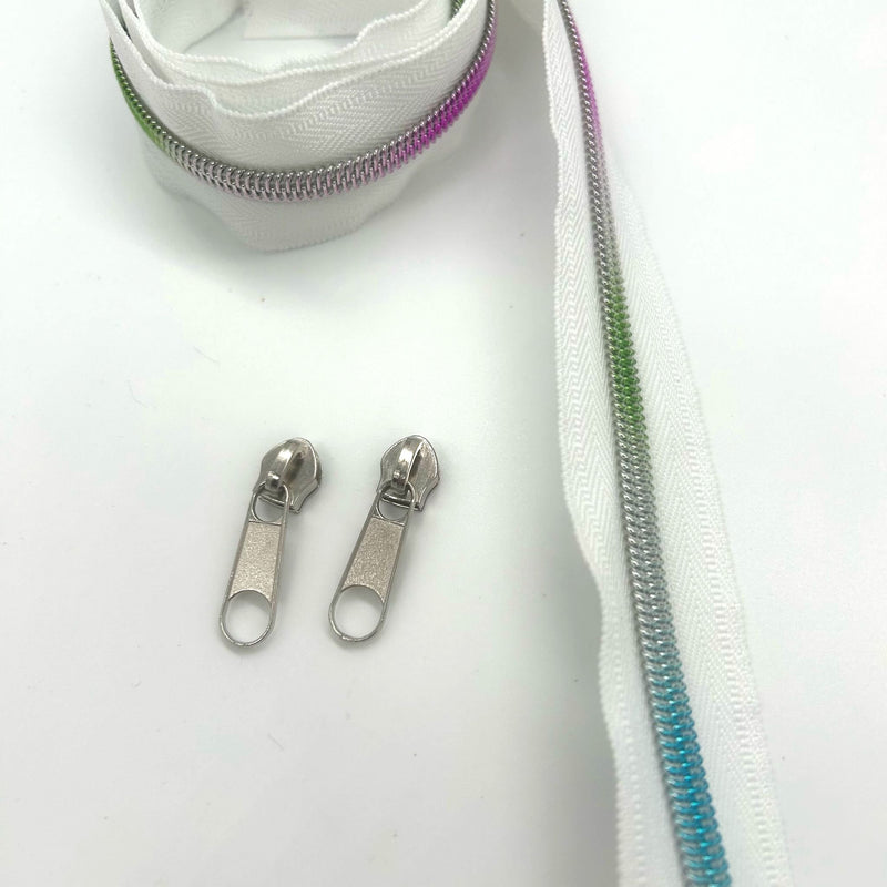 ZIP BUNDLE: 1 METRE Size 5 WHITE with RAINBOW TEETH Zipper Tape + 2 Nickel Silver Colour pulls