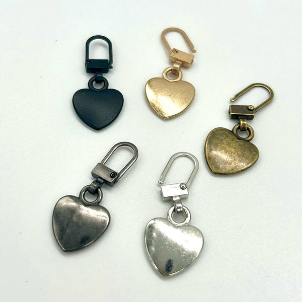 HARDWARE: Clip-On Zip Pull Charms: Heart shape: Set of 5 (assorted colours)