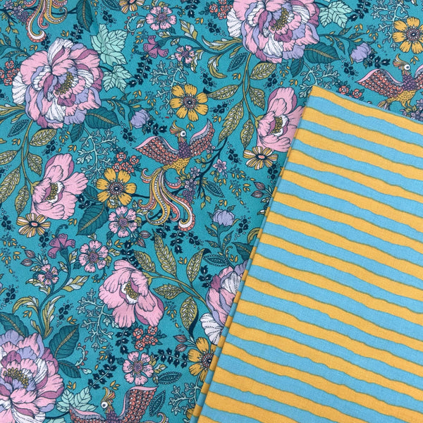 PERFECT PAIRING: 1/2m DUO: Dashwood Studio 'Floral Phoenix' TEAL + Kaffe Fassett Collective 'Comb Stripe' Turquoise