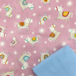 HALF METRE DUO: Dena Designs| Happi Horses 'Horse Toss' PINK + Plain Winceyette Brushed Cotton in Pale Blue