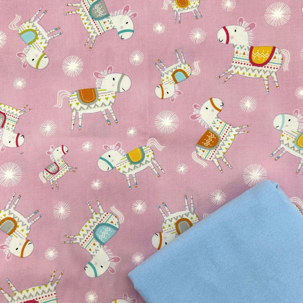 HALF METRE DUO: Dena Designs| Happi Horses 'Horse Toss' PINK + Plain Winceyette Brushed Cotton in Pale Blue