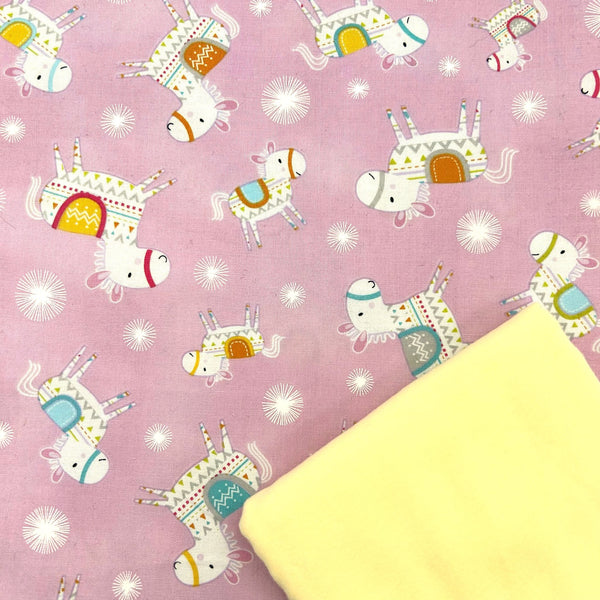 HALF METRE DUO: Dena Designs| Happi Horses 'Horse Toss' PINK + Plain Winceyette Brushed Cotton in Lemon