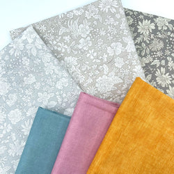 FAT QUARTER BUNDLE: 6 x FQ: Emily Blossom in Clay, ⁠Parchment, ⁠Silver Birch + Linen Texture: Makower B4 Duckegg + P2 Petal + Louden Butterscotch