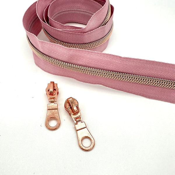 ZIP BUNDLE: 1 METRE Size 5 DUSKY PINK with ROSE GOLD Colour Teeth Zipper Tape + 2 ROSE GOLD Colour Circle Cutout Pulls