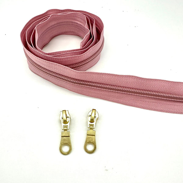 ZIP BUNDLE: 1 METRE Size 5 DUSKY PINK Zipper Tape + 2 GOLD Colour Circle Cutout Pulls
