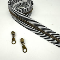 ZIP BUNDLE: PRECUT 1 METRE ZIPPER TAPE + 2 PULLS: Black/White Stripe with ANTIQUE teeth hardware