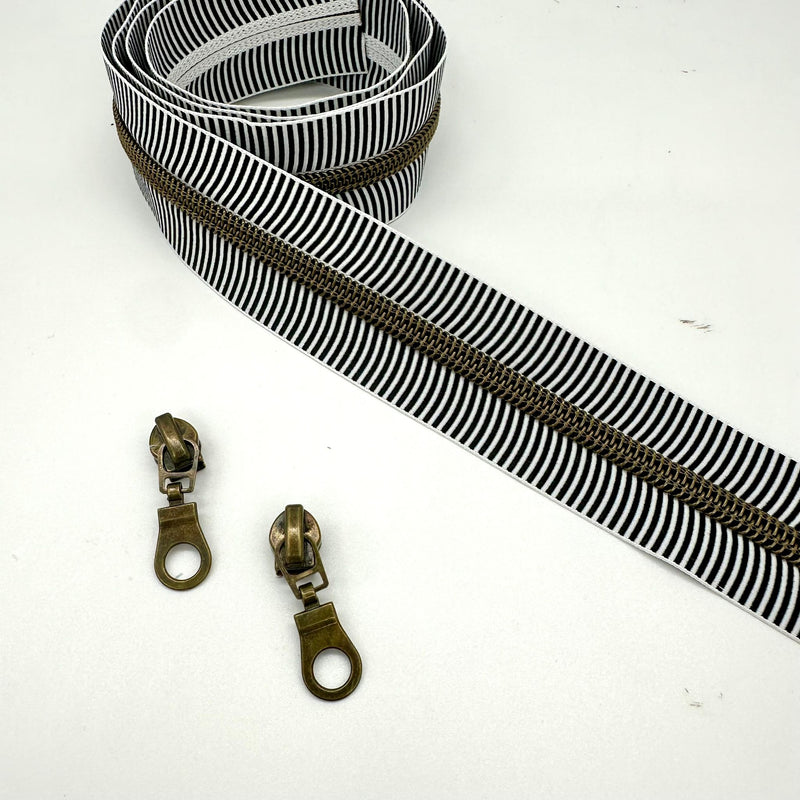 ZIP BUNDLE: PRECUT 1 METRE ZIPPER TAPE + 2 PULLS: Black/White Stripe with ANTIQUE teeth hardware