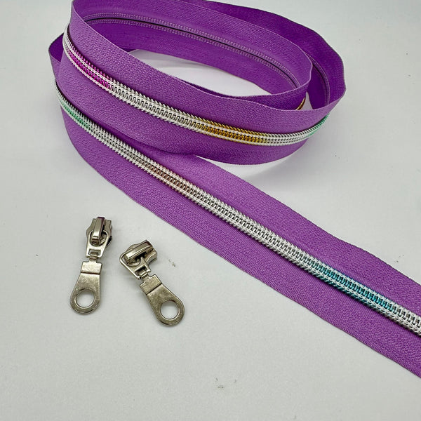 ZIP BUNDLE: 1 METRE Size 5 PURPLE with RAINBOW TEETH Zipper Tape + 2 Silver Colour Circle Cutout Pulls