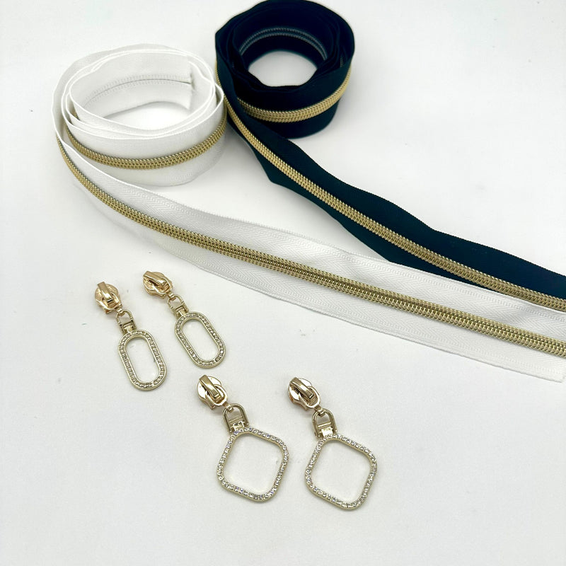 ZIP SPECIAL BUY: 2 x 1 METRE Size 5 Zipper Tape (1 White/Gold, 1 Black/Gold) + 4 Sparkly Rhinestone Pulls