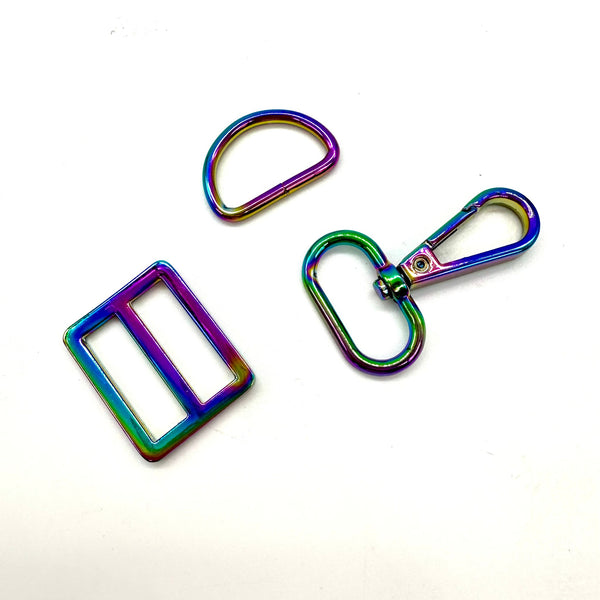 HARDWARE TRIO: 1" Adjustable Buckle Strap, Lobster Clasp Swivel Clip and Metal D Ring: Rainbow colour